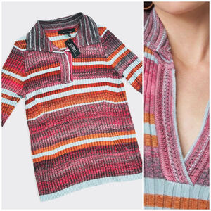 NWT White House Black Market Womans Top L Striped Ribbed Knit Orange Blue Henley
